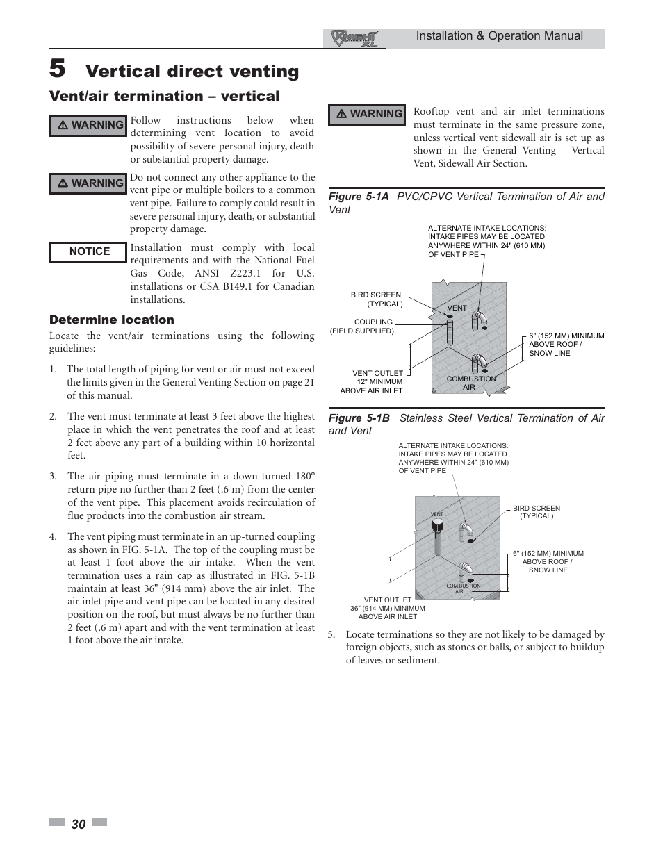 Vertical direct venting, Vent/air termination – vertical, Installation & operation manual | Determine location | Lochinvar KNIGHT 399 - 800 User Manual | Page 30 / 76
