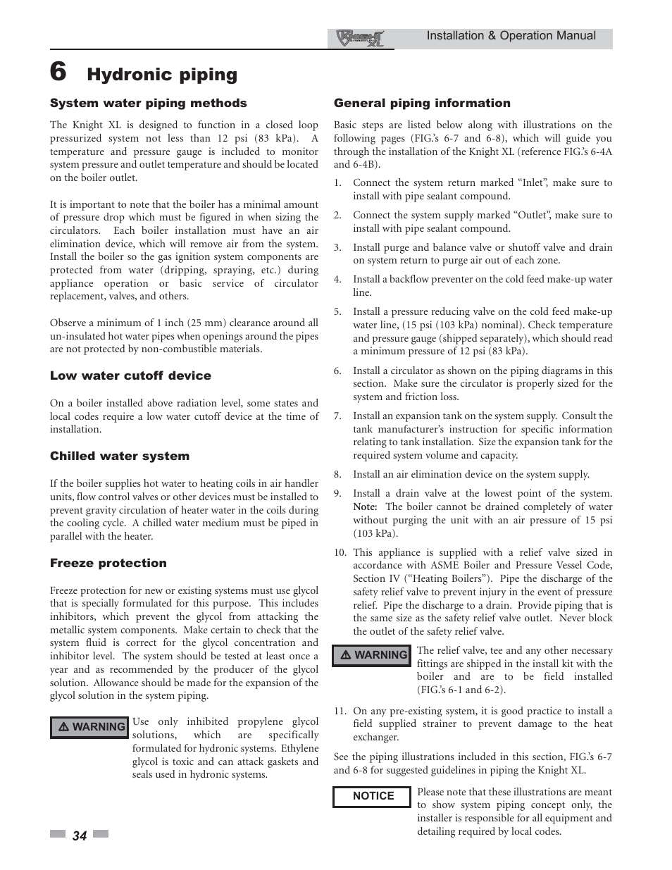 Hydronic piping | Lochinvar KNIGHT 399 - 800 User Manual | Page 34 / 76