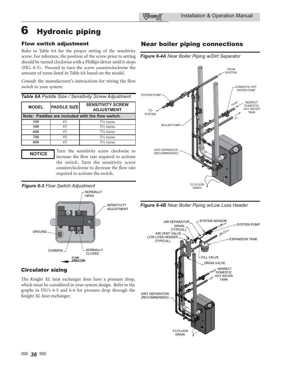 Hydronic piping, Near boiler piping connections, Installation & operation manual | Flow switch adjustment, Circulator sizing | Lochinvar KNIGHT 399 - 800 User Manual | Page 36 / 76