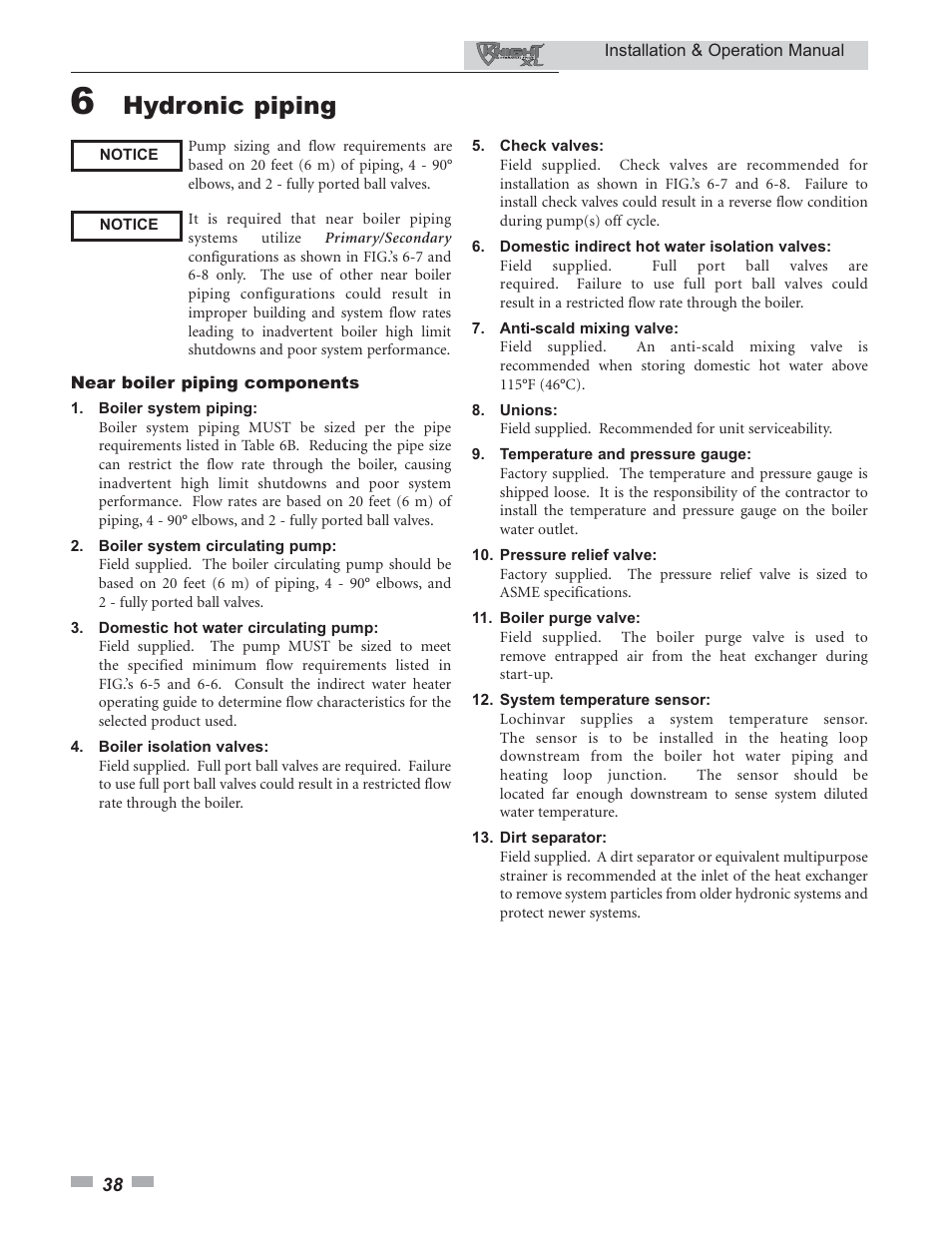 Hydronic piping | Lochinvar KNIGHT 399 - 800 User Manual | Page 38 / 76