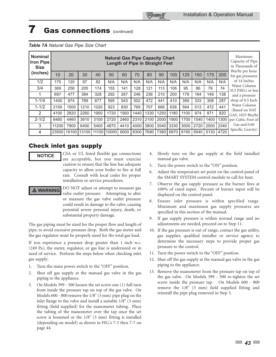Gas connections, Check inlet gas supply | Lochinvar KNIGHT 399 - 800 User Manual | Page 43 / 76