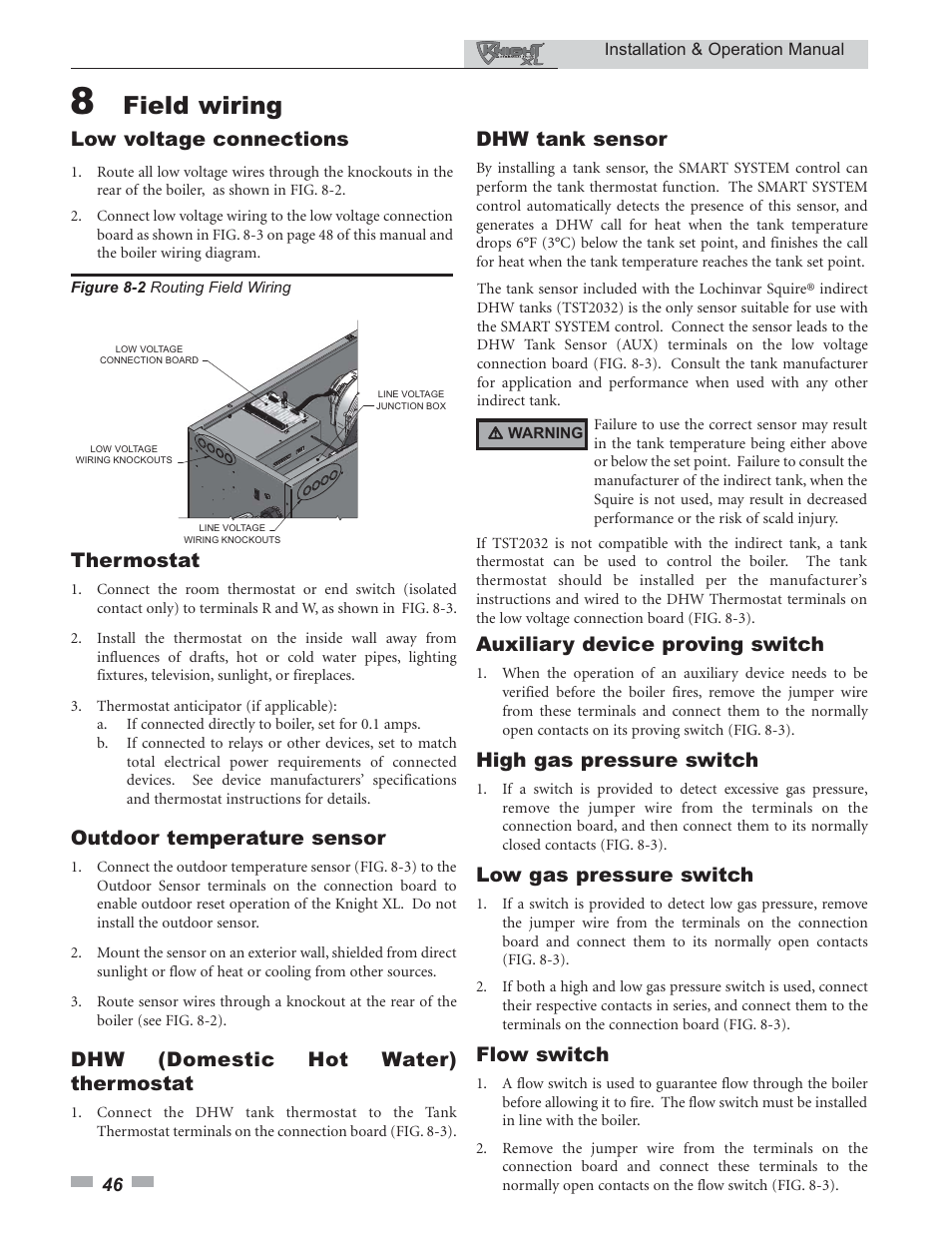 Field wiring, Low voltage connections, Thermostat | Outdoor temperature sensor, Dhw (domestic hot water) thermostat, Dhw tank sensor, Auxiliary device proving switch, High gas pressure switch, Low gas pressure switch, Flow switch | Lochinvar KNIGHT 399 - 800 User Manual | Page 46 / 76