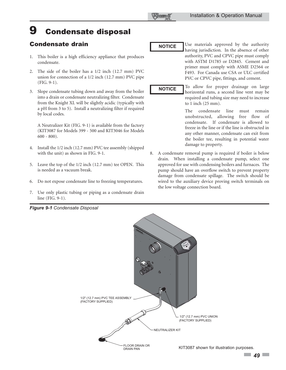 Condensate disposal, Condensate drain | Lochinvar KNIGHT 399 - 800 User Manual | Page 49 / 76