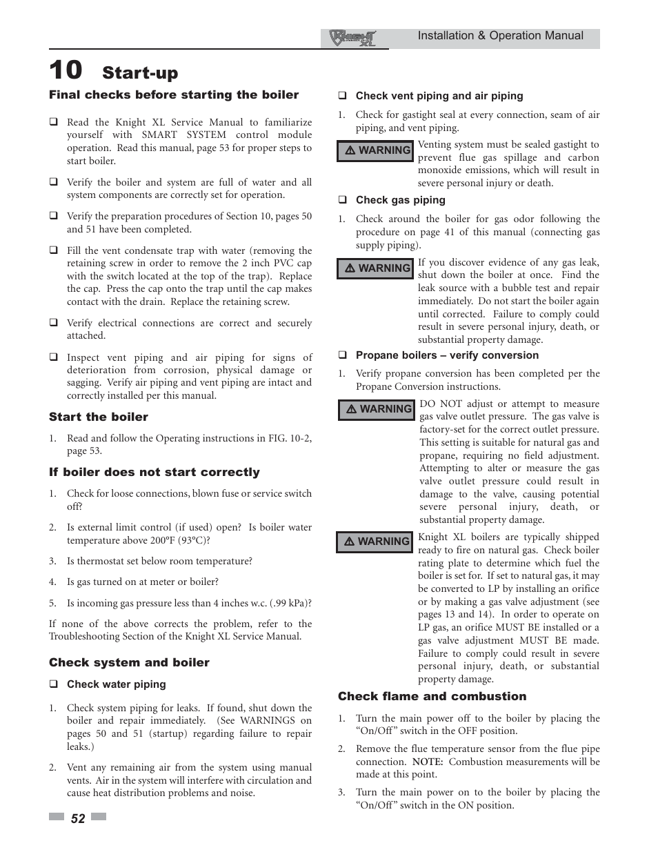 Start-up | Lochinvar KNIGHT 399 - 800 User Manual | Page 52 / 76