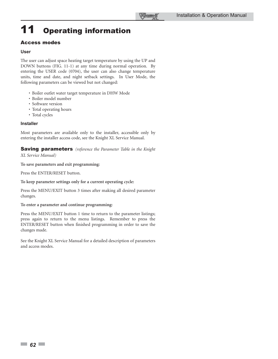 Operating information | Lochinvar KNIGHT 399 - 800 User Manual | Page 62 / 76