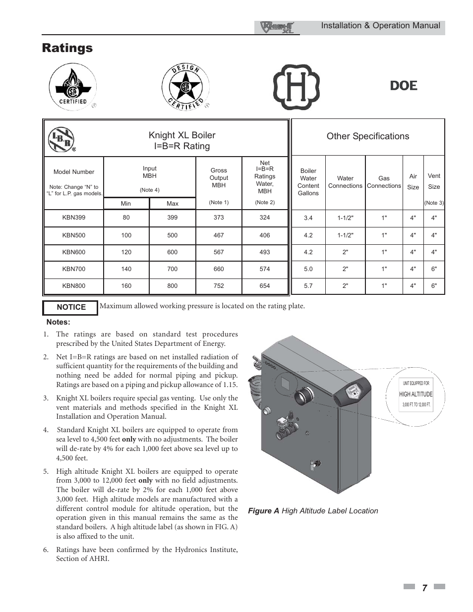 Ratings, Knight xl boiler i=b=r rating, Other specifications | Installation & operation manual | Lochinvar KNIGHT 399 - 800 User Manual | Page 7 / 76