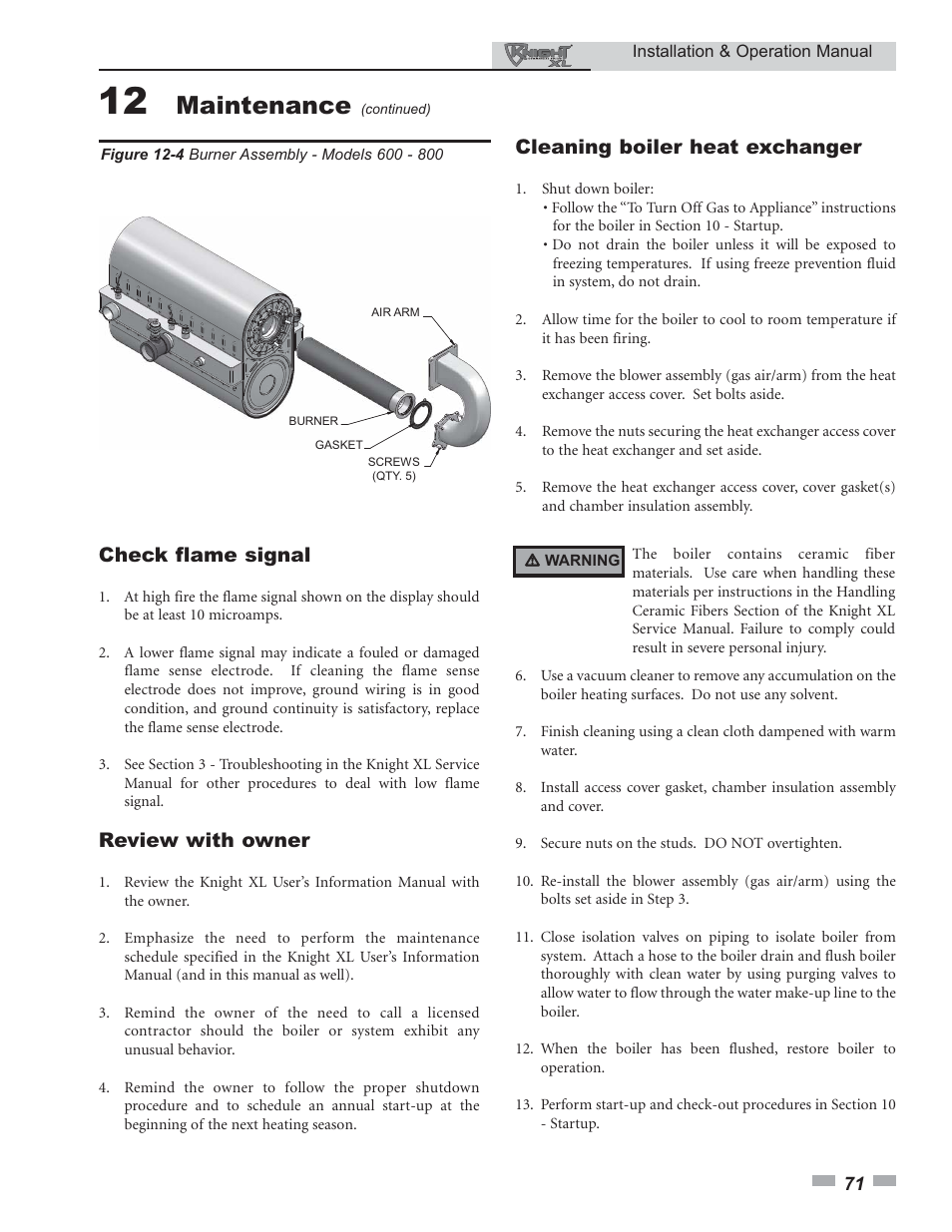 Maintenance, Check flame signal, Review with owner | Cleaning boiler heat exchanger | Lochinvar KNIGHT 399 - 800 User Manual | Page 71 / 76