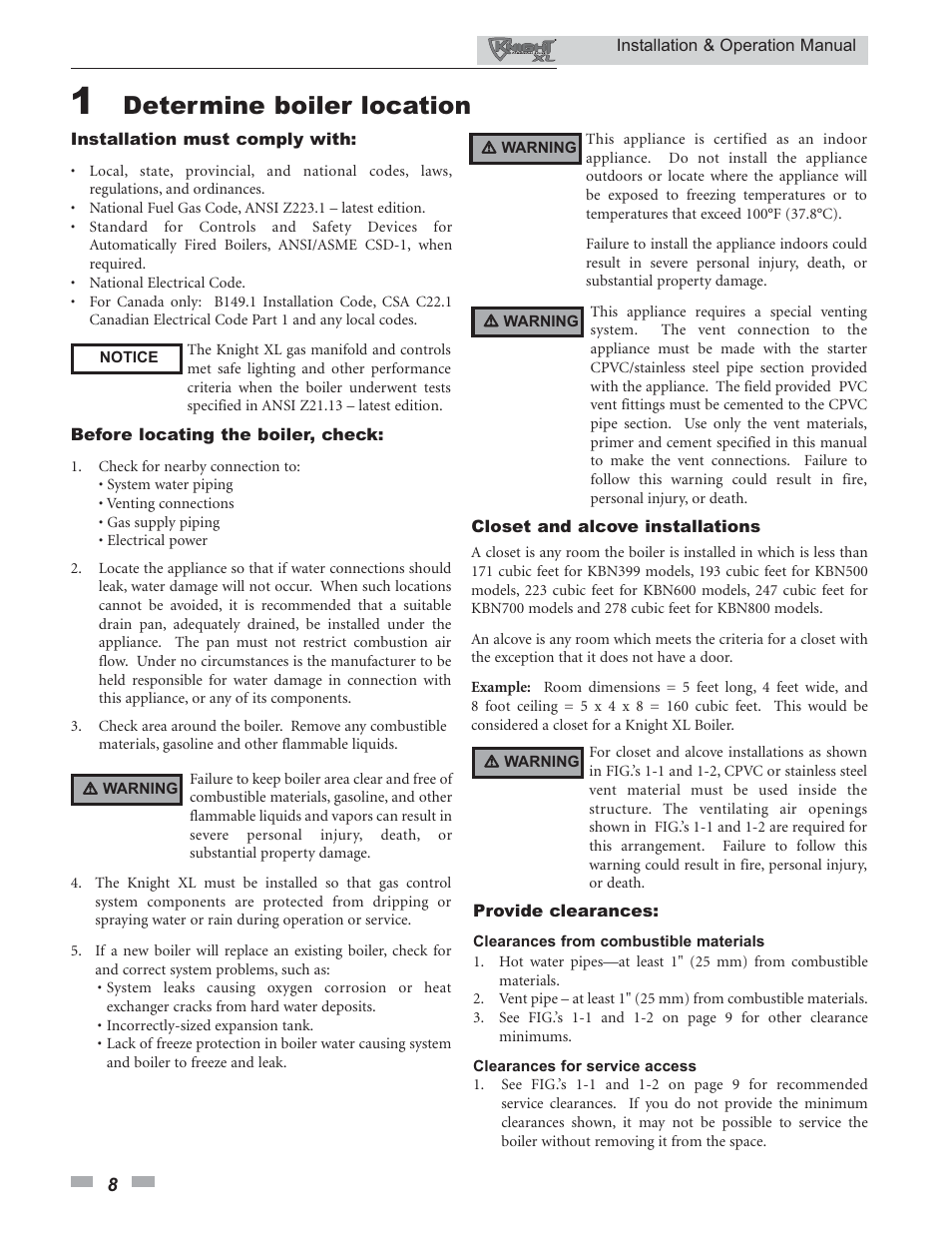 Determine boiler location | Lochinvar KNIGHT 399 - 800 User Manual | Page 8 / 76