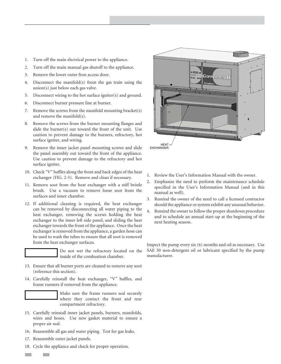 Maintenance, Inspect and clean the heat exchanger, Review with owner | Oiled bearing circulators | Lochinvar SMART SYSTEM 502 - 2072 User Manual | Page 30 / 44