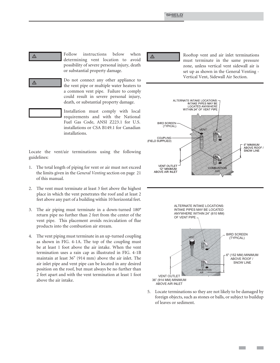 Vertical direct venting, Vent/air termination – vertical | Lochinvar Shield SNR150-100 User Manual | Page 29 / 76