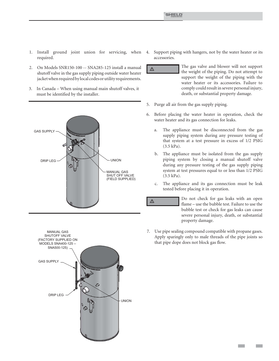 Gas connections, Connecting gas supply piping | Lochinvar Shield SNR150-100 User Manual | Page 39 / 76