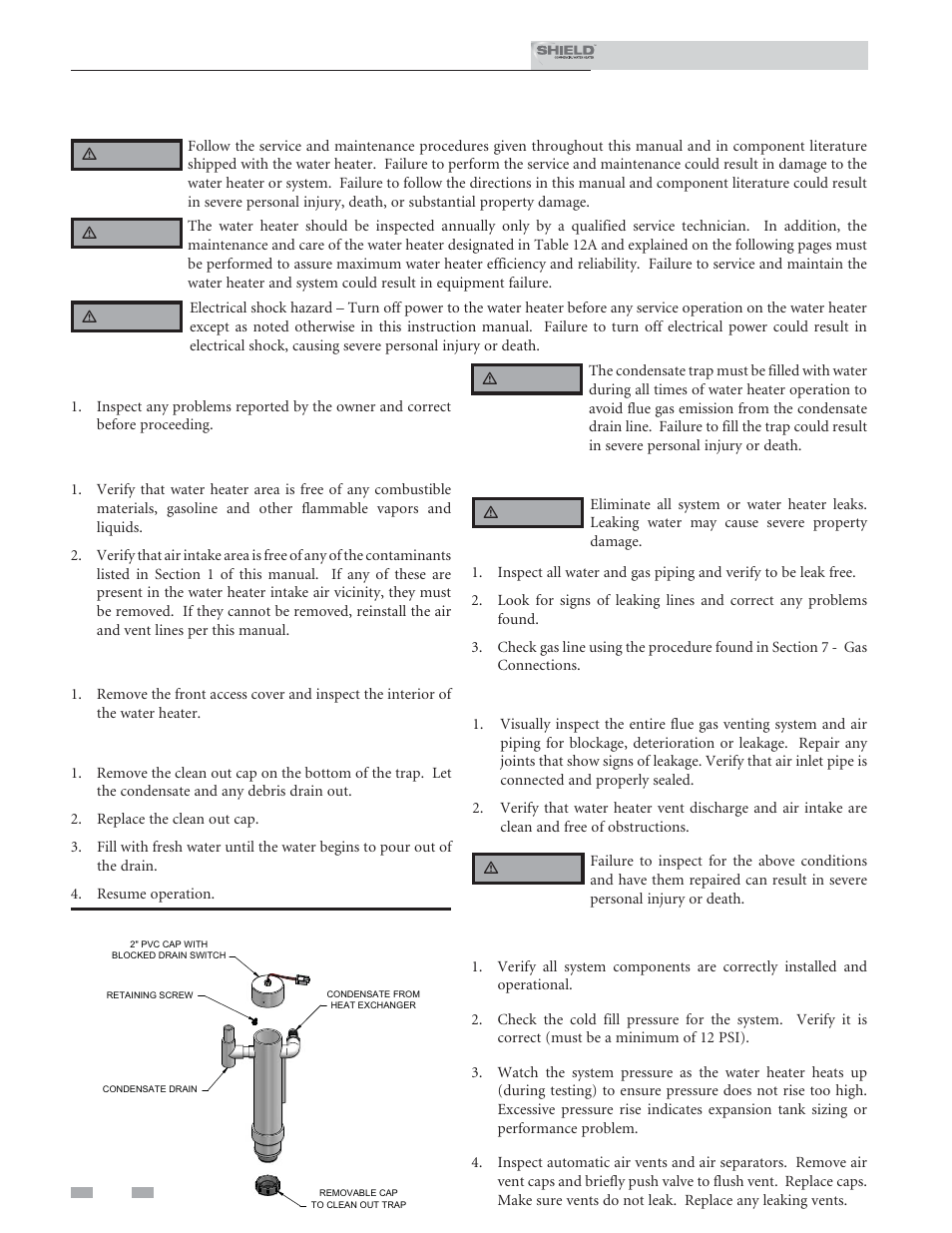 Maintenance, Address reported problems, Inspect water heater area | Inspect water heater interior, Check all piping for leaks, Clean condensate trap, Flue vent system and air piping, Check water system | Lochinvar Shield SNR150-100 User Manual | Page 58 / 76