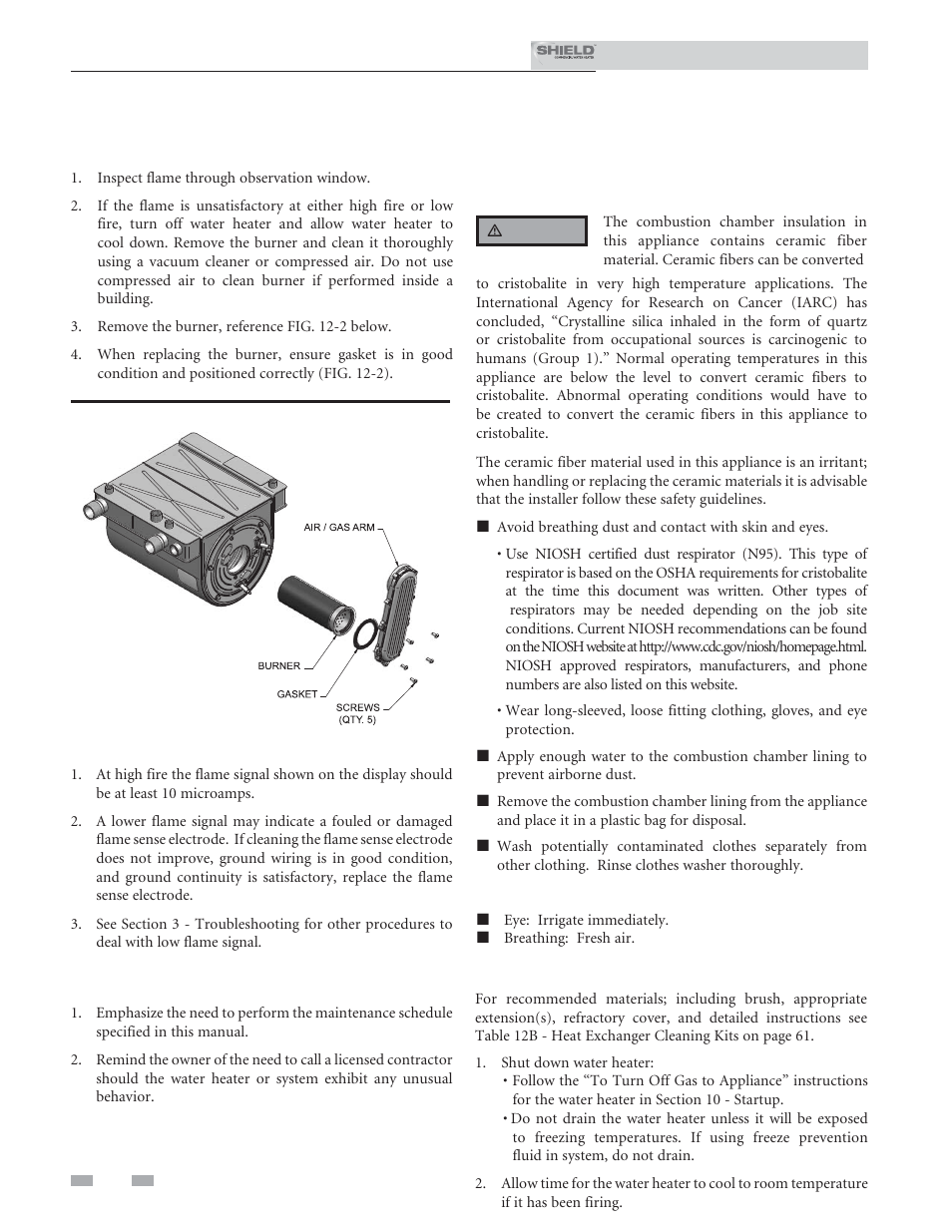 Maintenance, Check burner flame, Check flame signal | Review with owner, Handling ceramic fiber materials, Cleaning heat exchanger | Lochinvar Shield SNR150-100 User Manual | Page 60 / 76