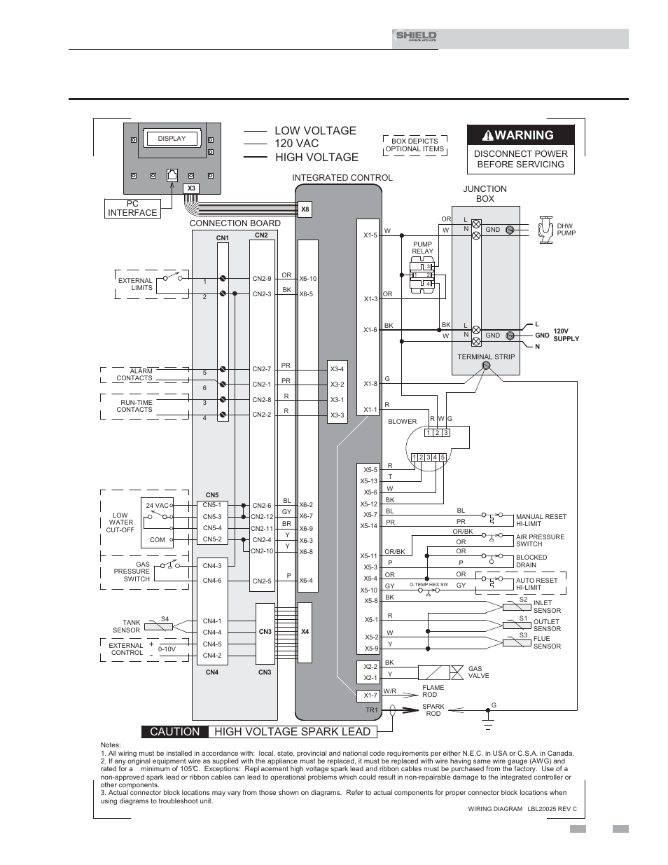 Diagrams, Warning, Installation & service manual | Caution high voltage spark lead, 120 vac low voltage high voltage, Figure 14-2 wiring diagram, Continued) | Lochinvar Shield SNR150-100 User Manual | Page 75 / 76