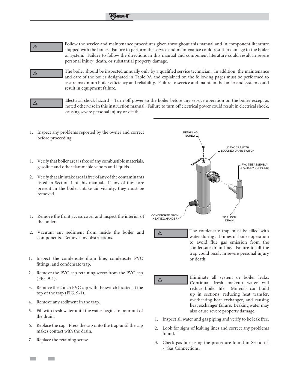 Maintenance, Address reported problems, Inspect boiler area | Inspect boiler interior, Clean condensate trap, Check all piping for leaks | Lochinvar Outdoor Knight Boiler 151-286 User Manual | Page 50 / 56