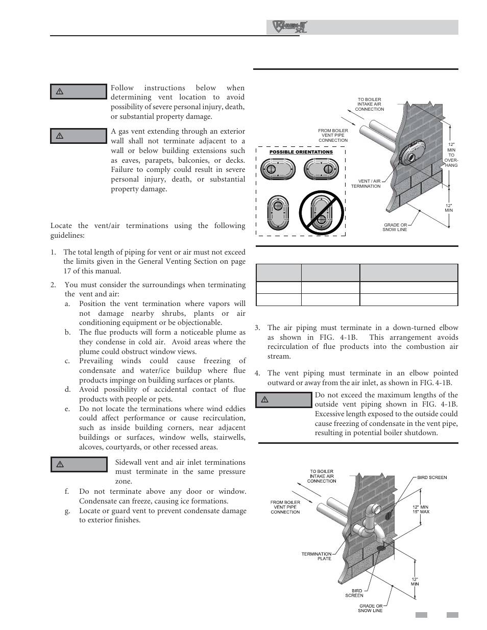 Sidewall direct, Venting, Vent/air termination – sidewall | Model kit number vent size | Lochinvar Commercial Soiler 400-801 User Manual | Page 23 / 80