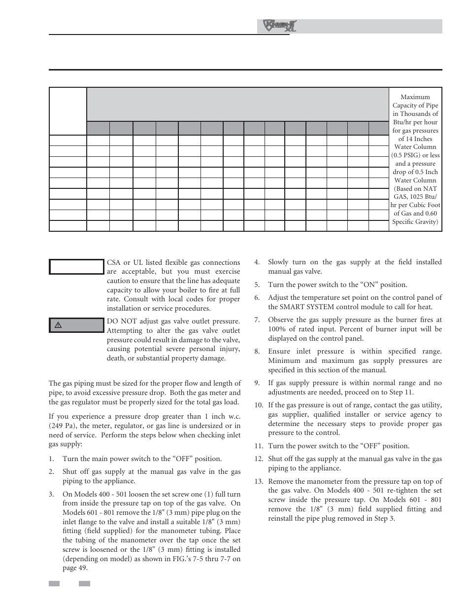 Gas connections, Check inlet gas supply | Lochinvar Commercial Soiler 400-801 User Manual | Page 48 / 80