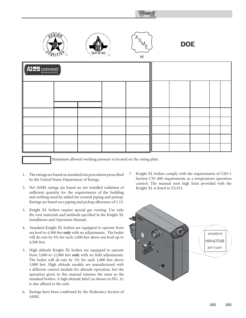 Ratings, Knight xl boiler ahri rating, Other specifi cations | Installation & operation manual | Lochinvar Commercial Soiler 400-801 User Manual | Page 7 / 80