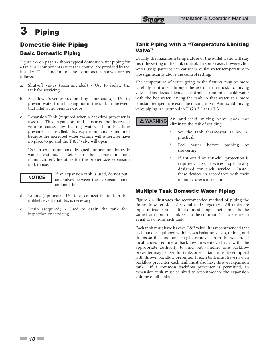 Piping, Domestic side piping | Lochinvar Squire SSS03 User Manual | Page 10 / 20