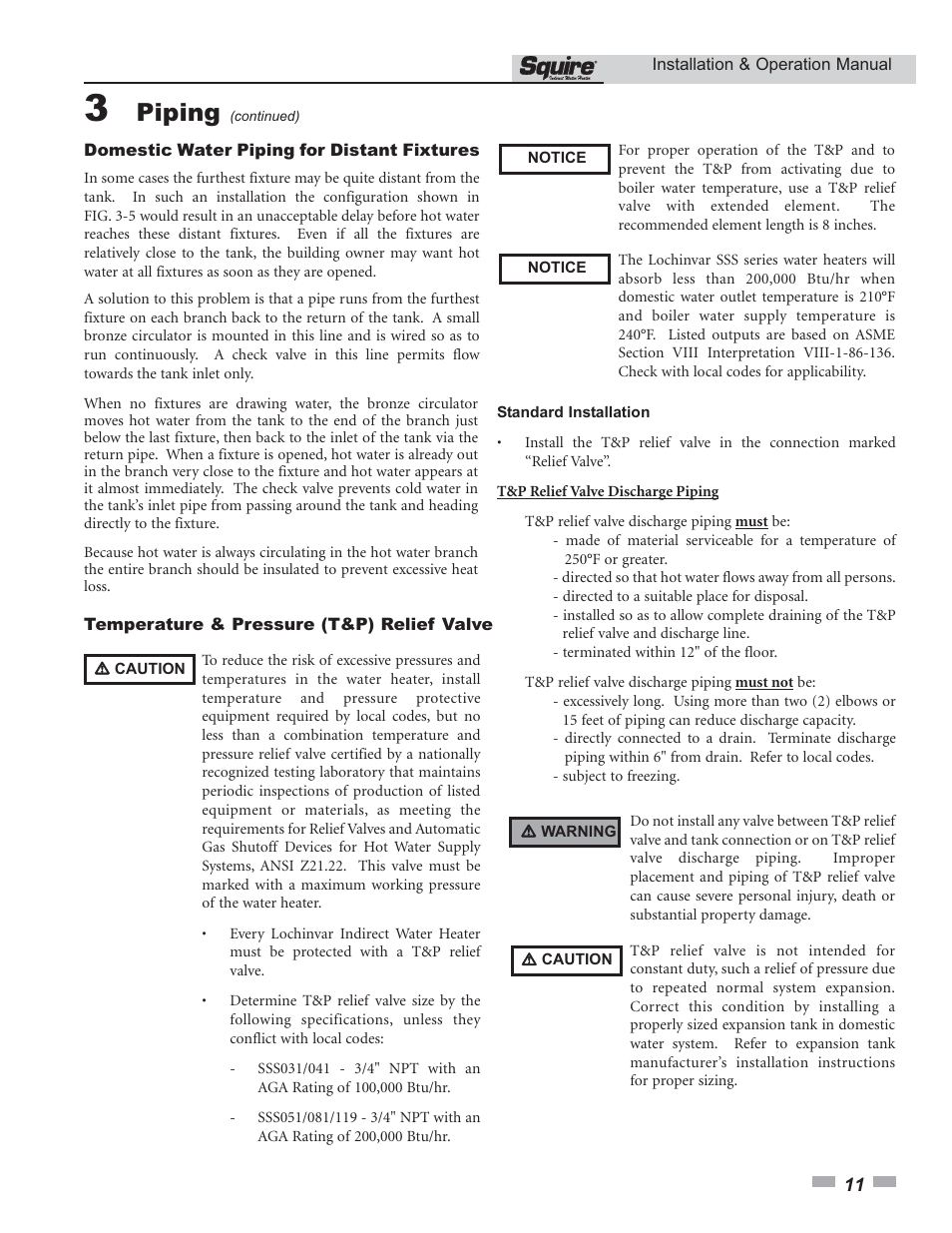 Piping | Lochinvar Squire SSS03 User Manual | Page 11 / 20