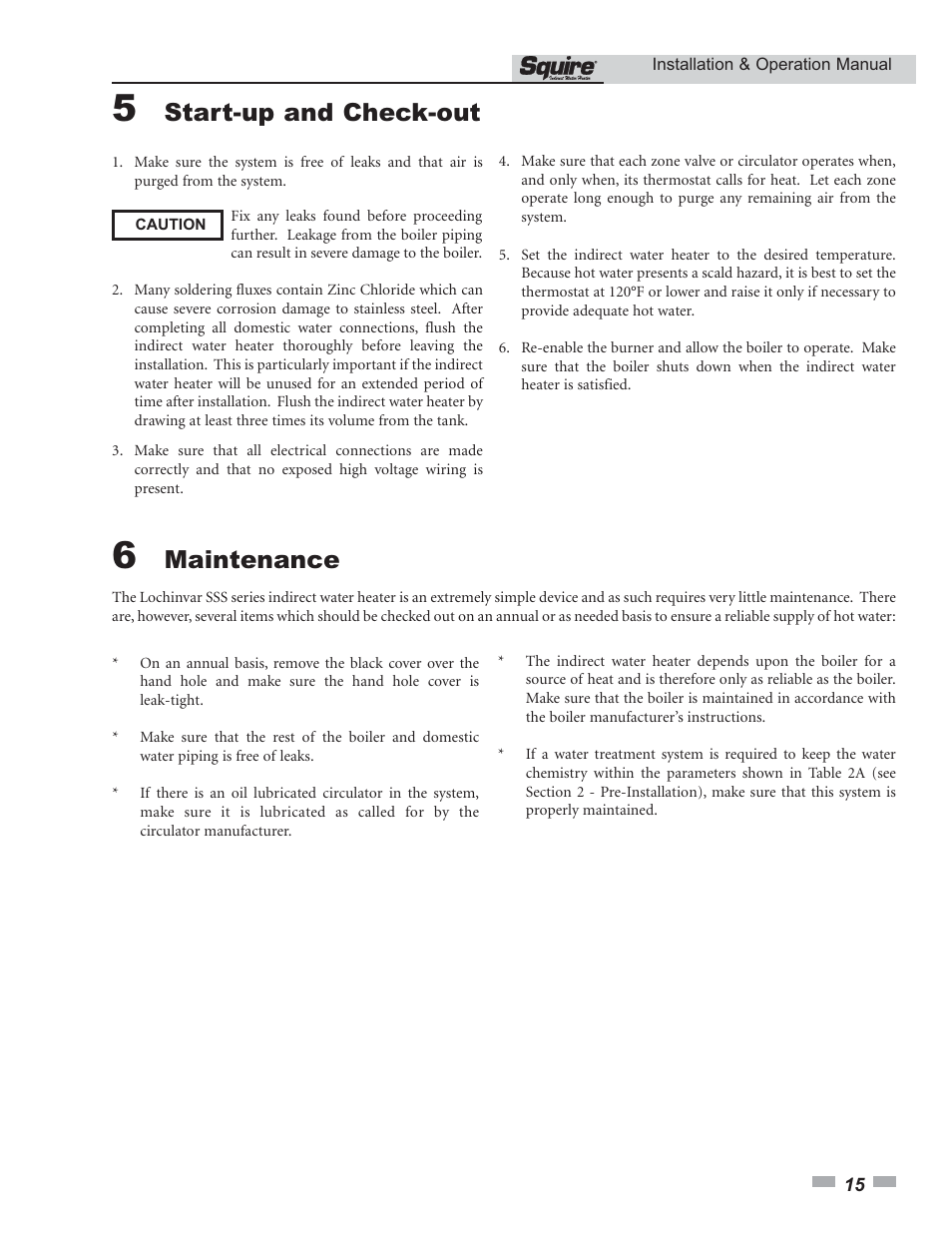 Start-up and check-out, Maintenance | Lochinvar Squire SSS03 User Manual | Page 15 / 20