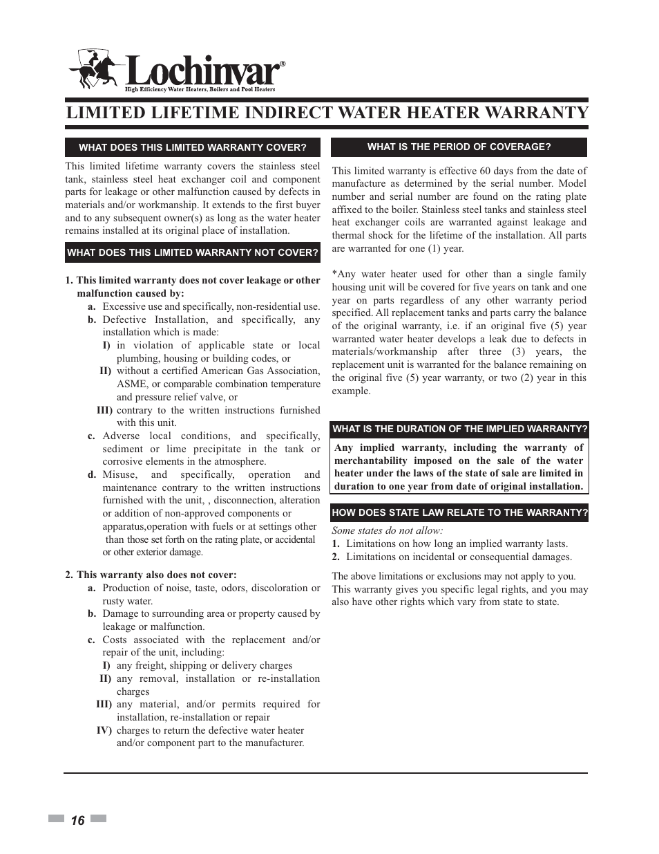 Limited lifetime indirect water heater warranty | Lochinvar Squire SSS03 User Manual | Page 16 / 20