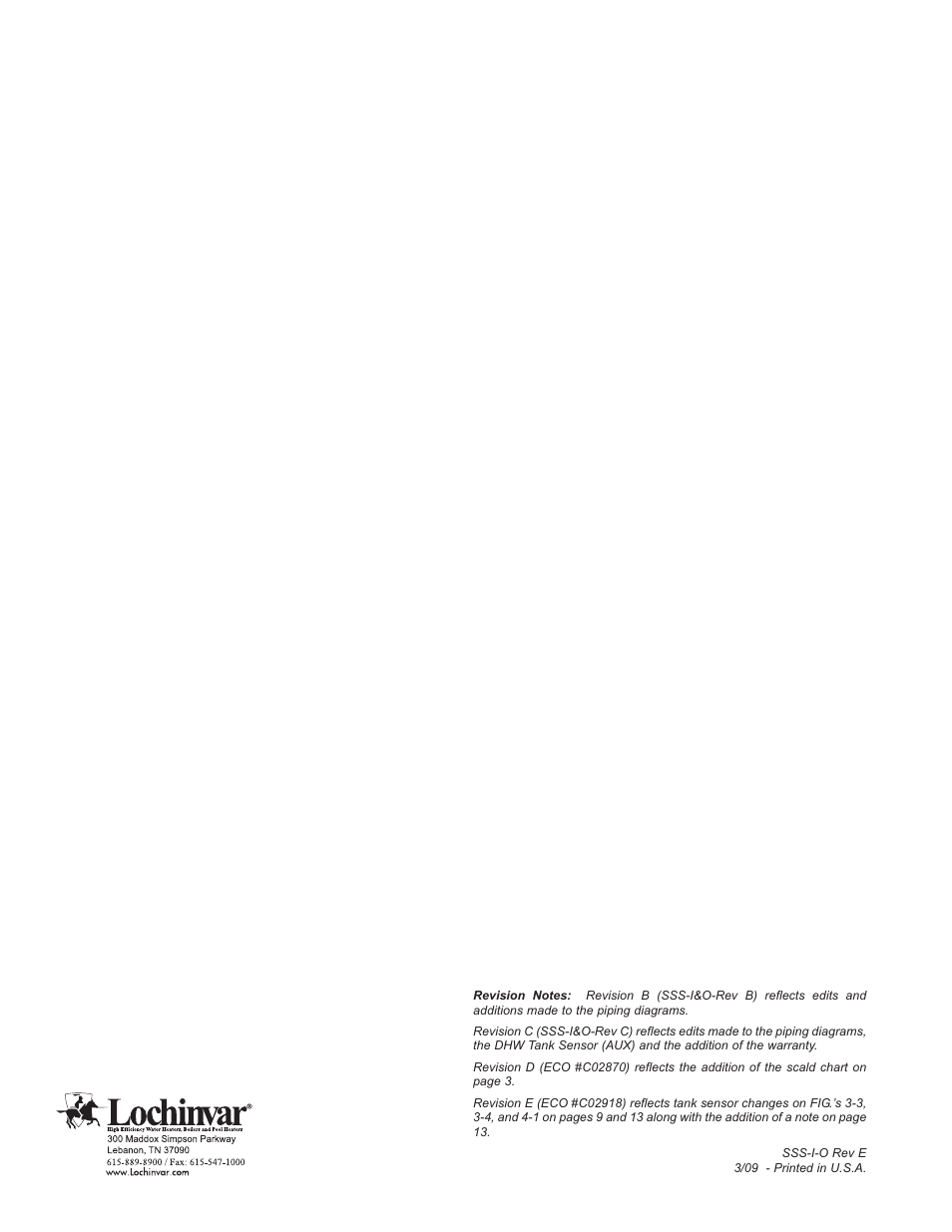 Lochinvar Squire SSS03 User Manual | Page 20 / 20