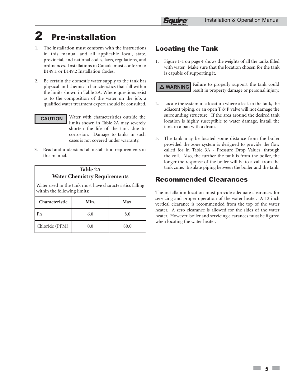 Pre-installation, Locating the tank, Recommended clearances | Lochinvar Squire SSS03 User Manual | Page 5 / 20