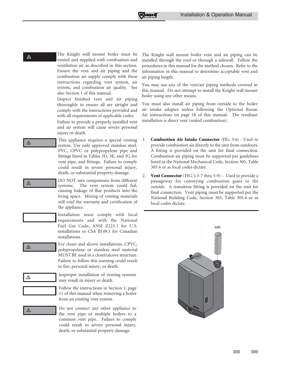 General, Venting, Install vent and combustion air piping | Lochinvar Wall Mount Boiler WH 55-399 User Manual | Page 15 / 80