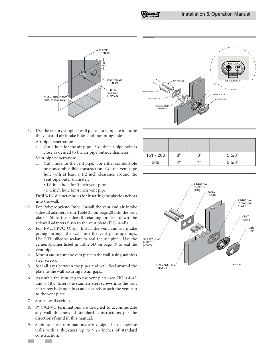 Sidewall direct venting, Model air vent centerline width, Installation & operation manual | Prepare wall penetrations | Lochinvar Wall Mount Boiler WH 55-399 User Manual | Page 24 / 80
