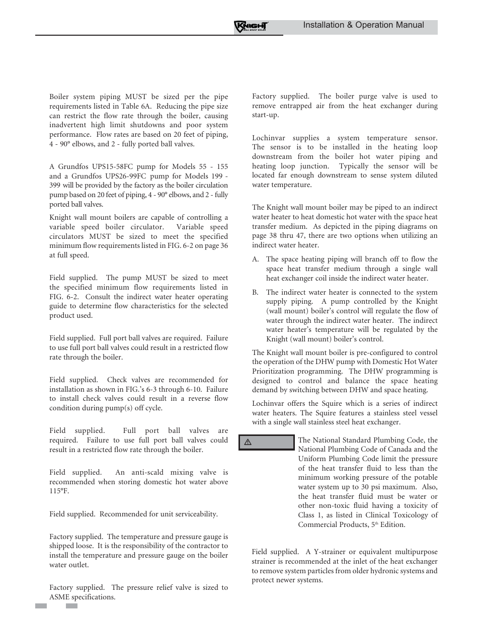 Hydronic piping | Lochinvar Wall Mount Boiler WH 55-399 User Manual | Page 34 / 80