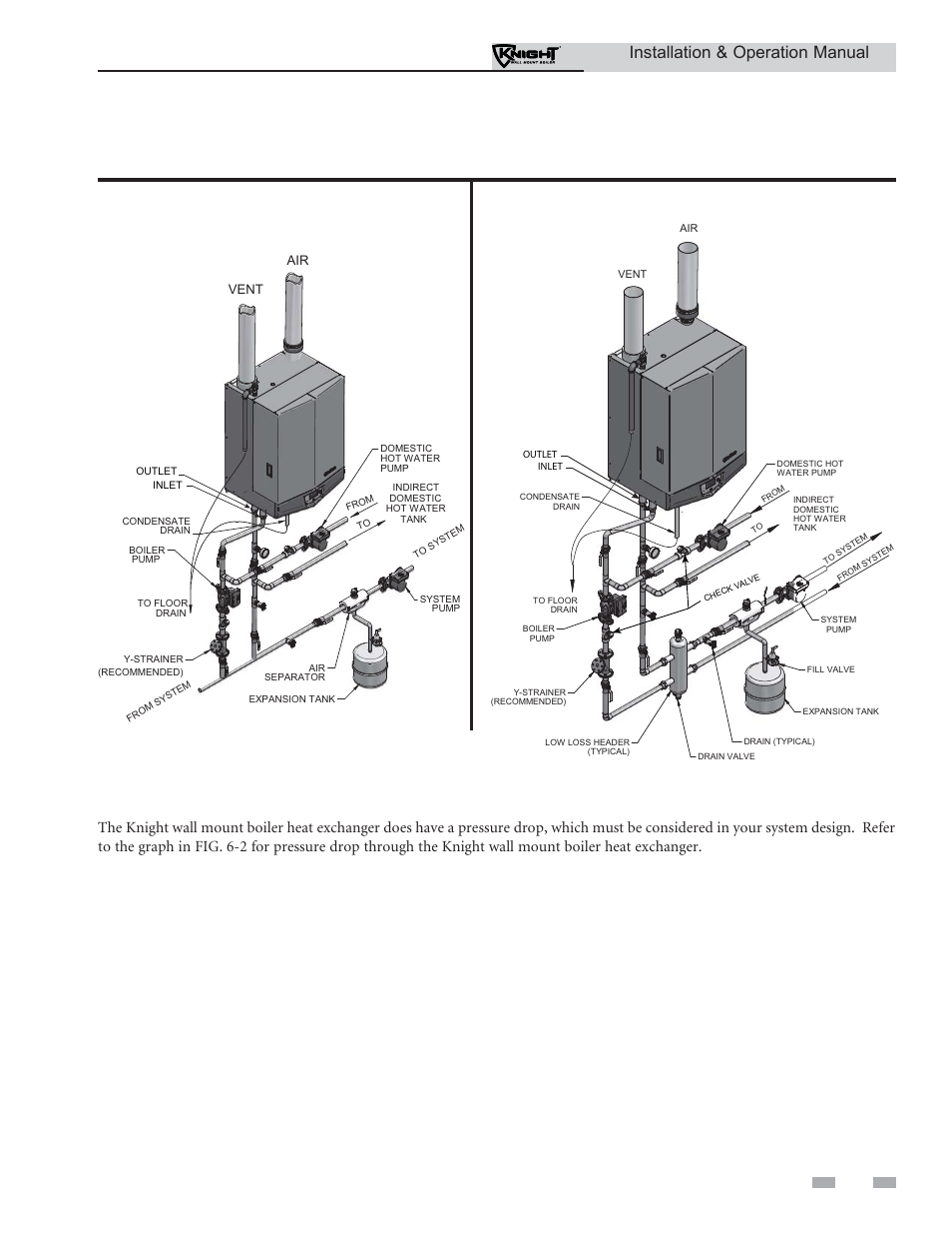 Hydronic piping, Near boiler piping connections, Installation & operation manual | Circulator sizing, Figure 6-1a near boiler piping, Figure 6-1b near boiler piping w/low loss header, Continued) | Lochinvar Wall Mount Boiler WH 55-399 User Manual | Page 35 / 80