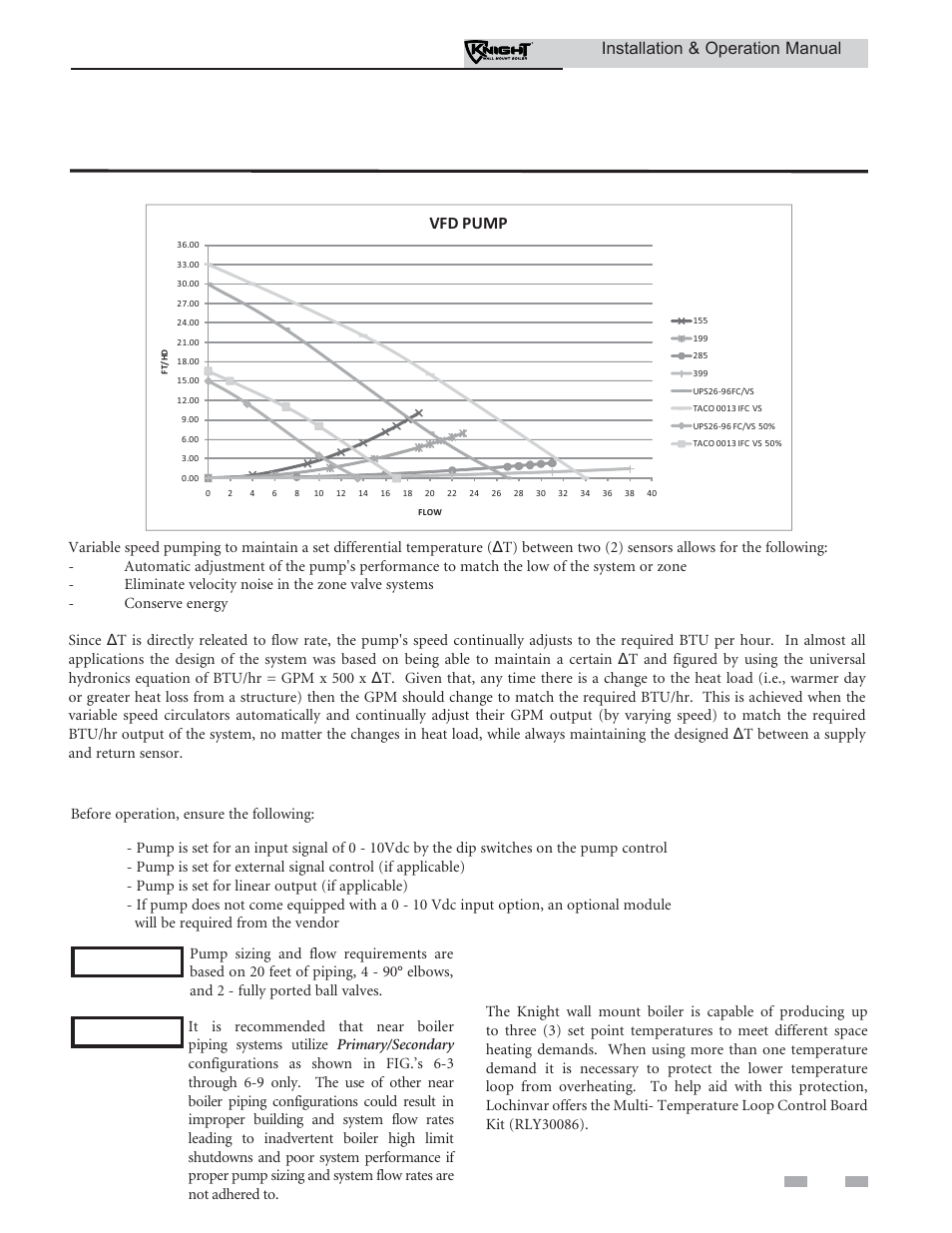 Hydronic piping, Variable speed pump option, Installation & operation manual | Vfd pump | Lochinvar Wall Mount Boiler WH 55-399 User Manual | Page 37 / 80
