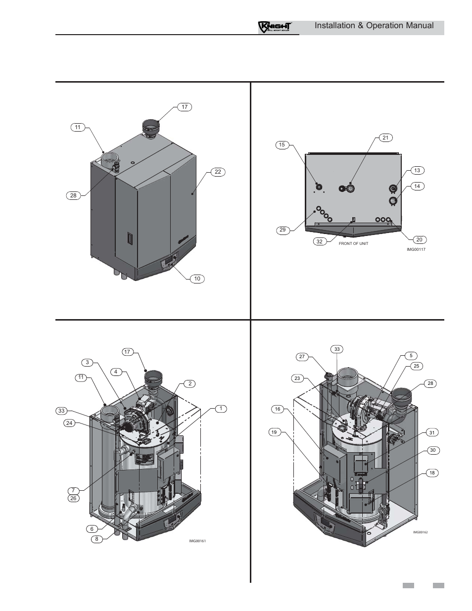 The knight wall mount boiler - how it works, Installation & operation manual, Front view | Left side (inside unit), Right side (inside unit), Bottom view | Lochinvar Wall Mount Boiler WH 55-399 User Manual | Page 5 / 80