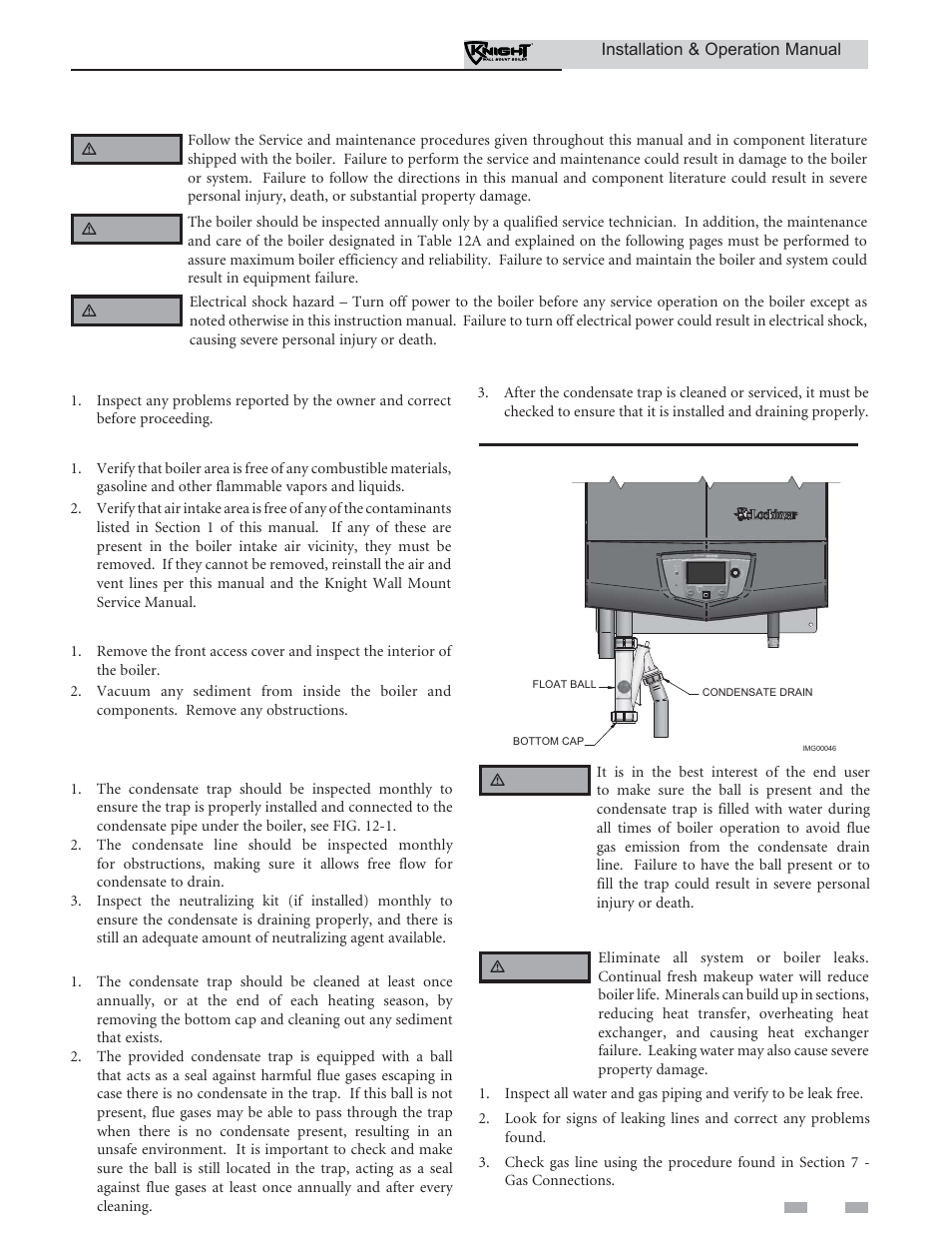 Maintenance, Address reported problems, Inspect boiler area | Inspect boiler interior, Inspect condensate trap, Check all piping for leaks | Lochinvar Wall Mount Boiler WH 55-399 User Manual | Page 75 / 80