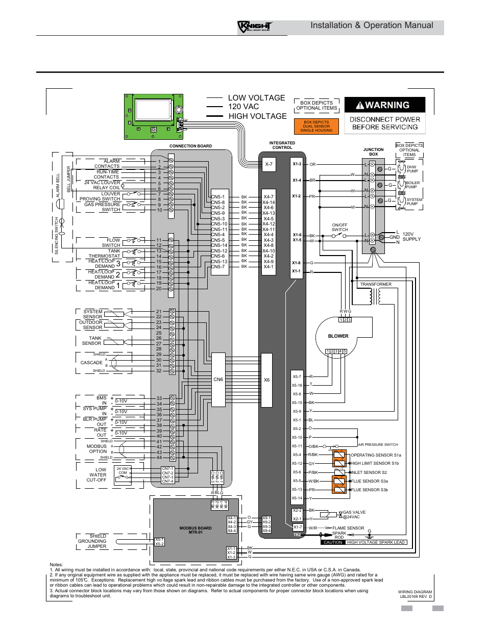 Diagrams, Installation & operation manual, High voltage low voltage 120 vac | Figure 13-2 wiring diagram, Continued) | Lochinvar Wall Mount Boiler WH 55-399 User Manual | Page 79 / 80