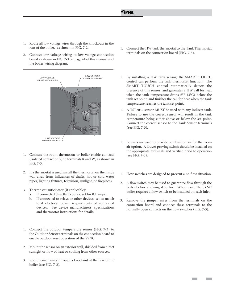 Field wiring, Low voltage connections, Enable | Outdoor temperature sensor, Hot water generator (hw) thermostat, Hot water generator (hw) tank sensor, Louver proving switch, Flow switch (field supplied) | Lochinvar Sync Condensing Boiler 1 User Manual | Page 39 / 68