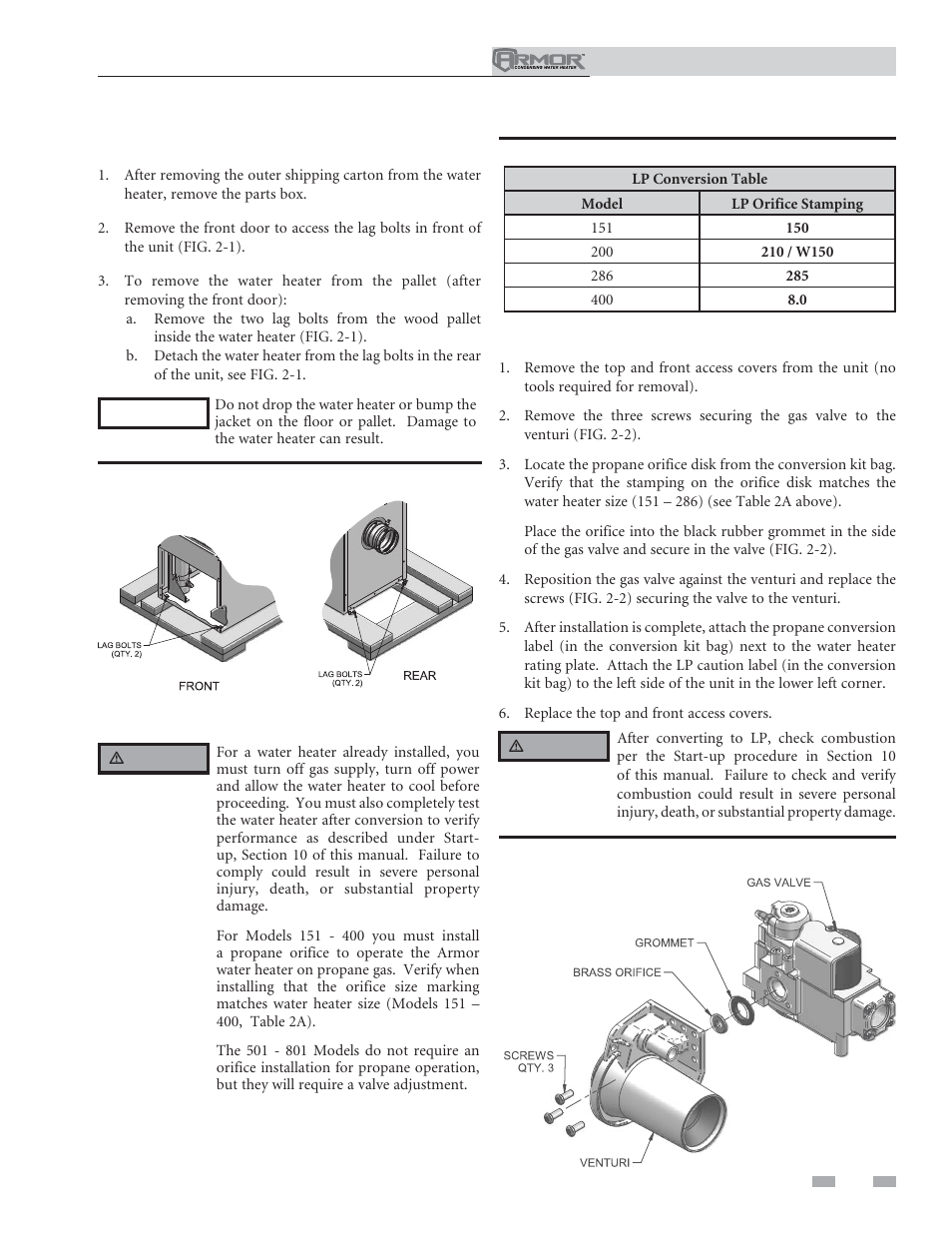 Prepare water heater, Gas conversions | Lochinvar ARMOR 151 User Manual | Page 13 / 76