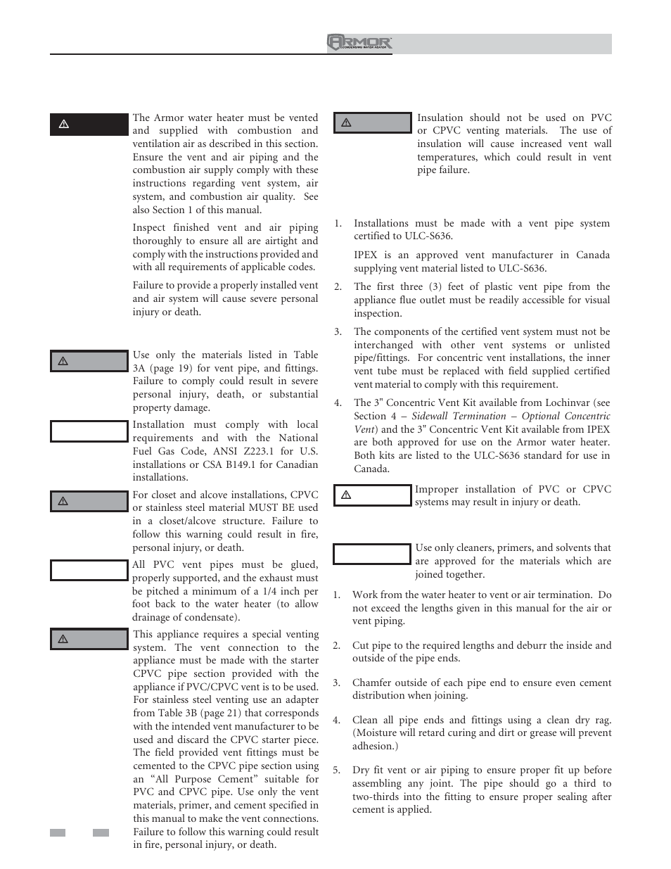 General, Venting, Install vent and combustion air piping | Requirements for installation in canada | Lochinvar ARMOR 151 User Manual | Page 18 / 76