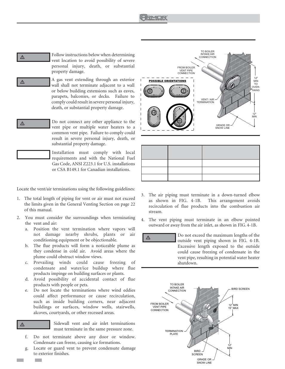 Sidewall direct, Venting, Vent/air termination – sidewall | Model kit number vent size, Installation & operation manual, Determine location | Lochinvar ARMOR 151 User Manual | Page 24 / 76