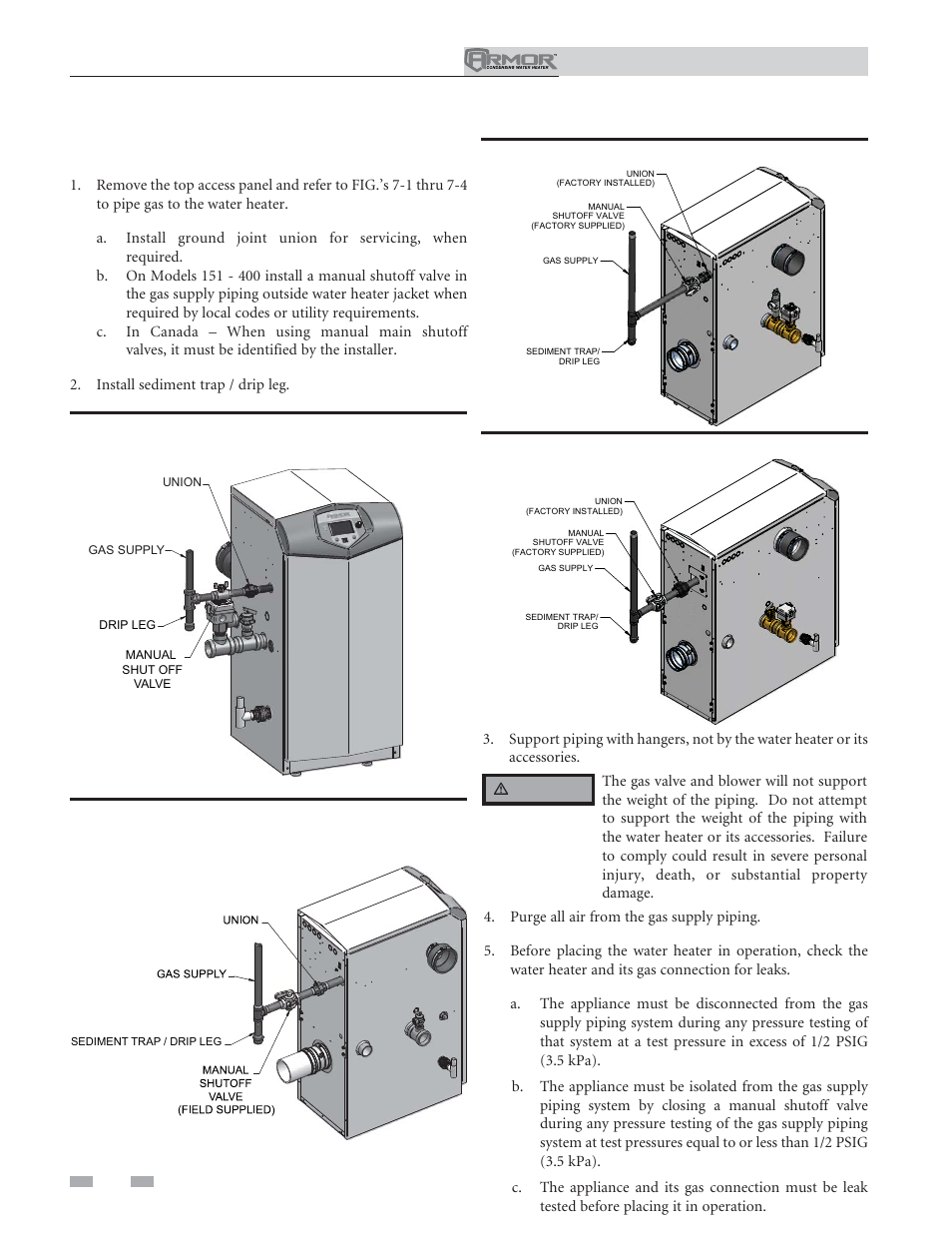 Gas connections, Connecting gas supply piping | Lochinvar ARMOR 151 User Manual | Page 44 / 76