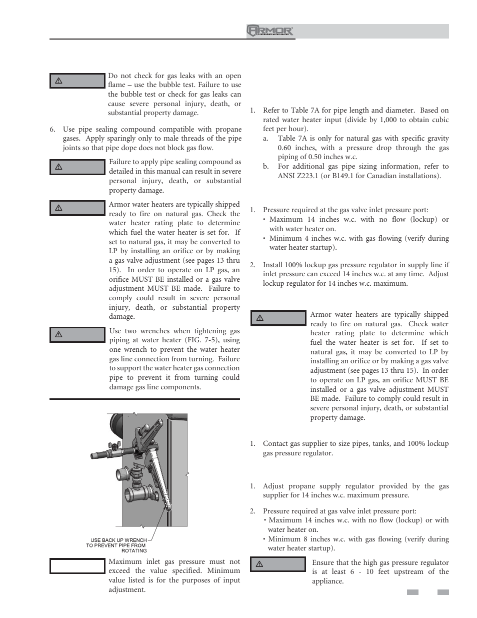 Gas connections, Natural gas, Propane gas | Lochinvar ARMOR 151 User Manual | Page 45 / 76