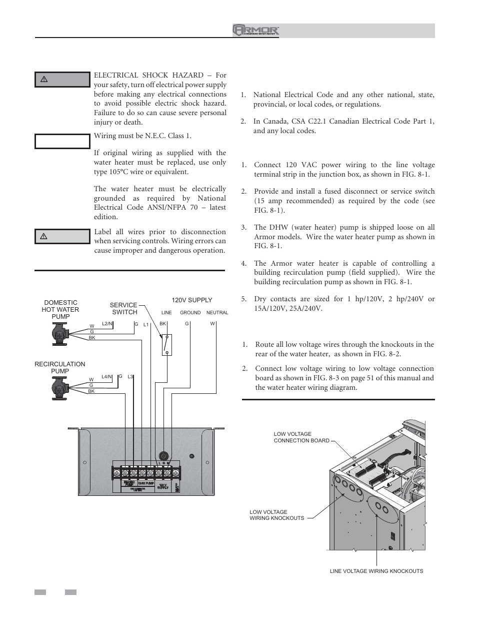 Field wiring, Installation must comply with, Line voltage connections | Low voltage connections | Lochinvar ARMOR 151 User Manual | Page 48 / 76