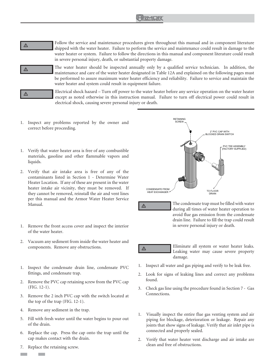 Maintenance, Address reported problems, Inspect water heater area | Inspect water heater interior, Clean condensate trap, Check all piping for leaks, Flue vent system and air piping | Lochinvar ARMOR 151 User Manual | Page 68 / 76