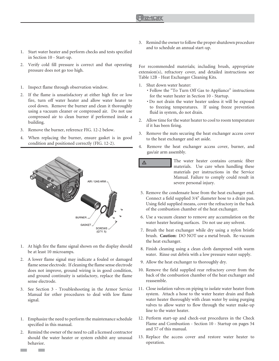 Maintenance, Check burner flame, Perform start-up and checks | Check flame signal, Review with owner, Cleaning heat exchanger | Lochinvar ARMOR 151 User Manual | Page 70 / 76