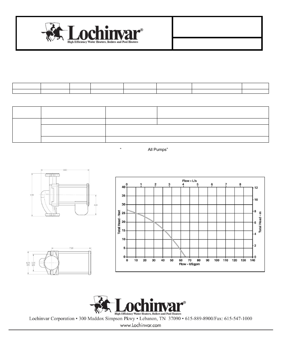 Pump, Pump recommendation for armor 286 water heater, Pump specifications | Installation specifications, Recommendation pump-rec-01 rev c | Lochinvar ARMOR 151-200 User Manual | Page 2 / 5