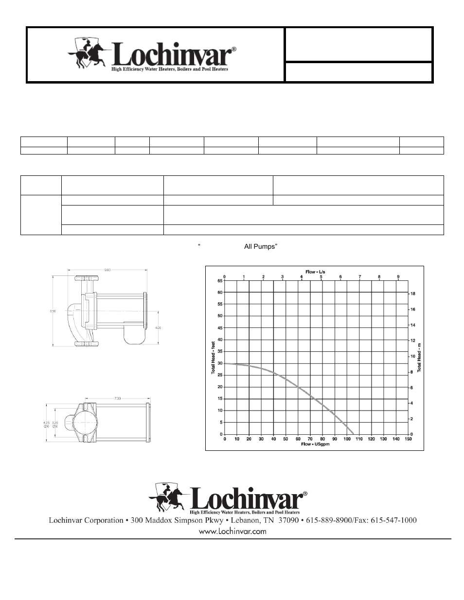 Pump, Pump recommendation for armor 400 water heater, Pump specifications | Installation specifications, Recommendation pump-rec-01 rev c | Lochinvar ARMOR 151-200 User Manual | Page 3 / 5