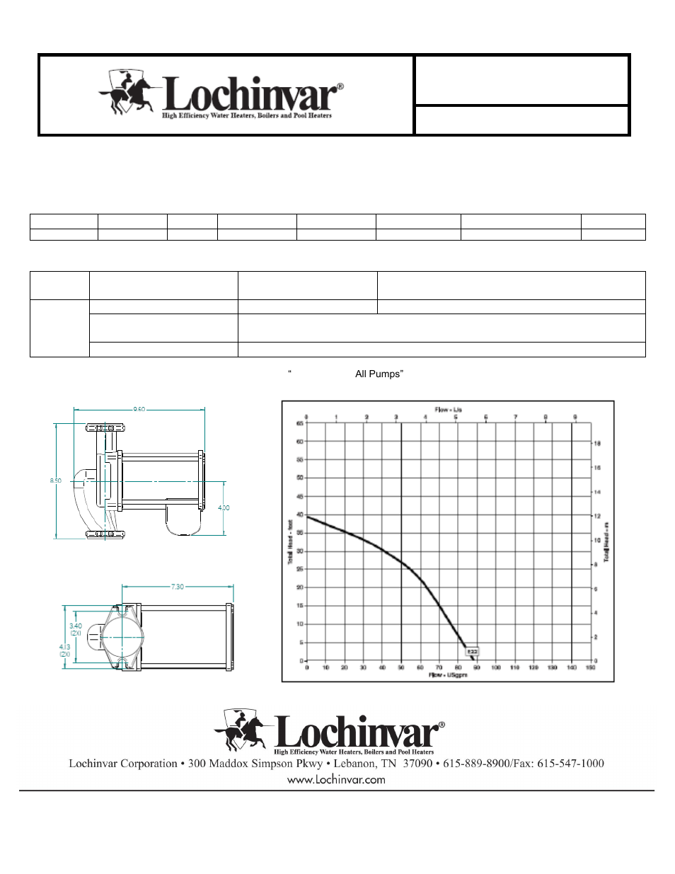 Pump, Pump specifications, Installation specifications | Recommendation pump-rec-01 rev c | Lochinvar ARMOR 151-200 User Manual | Page 4 / 5