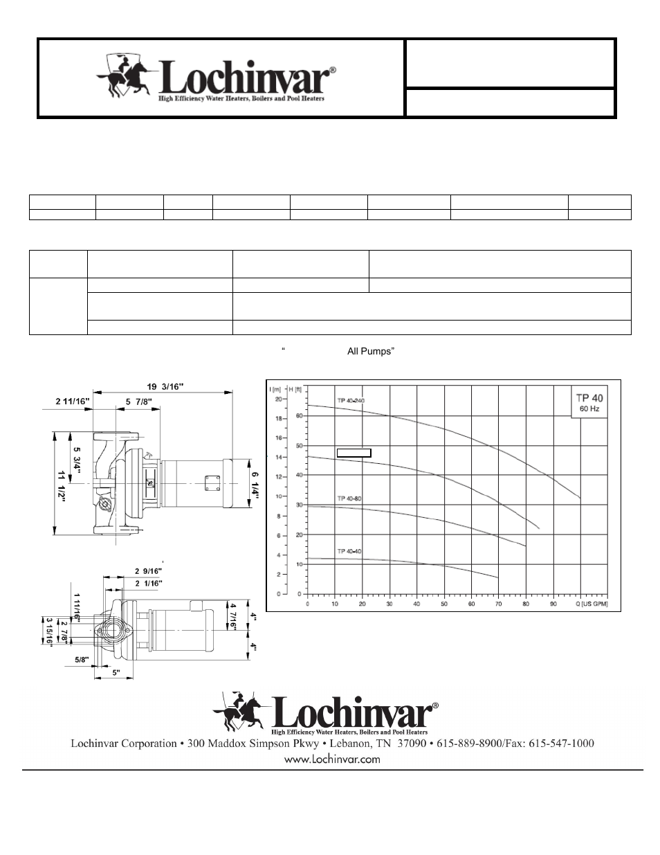 Pump, Pump specifications, Installation specifications | Recommendation pump-rec-01 rev c | Lochinvar ARMOR 151-200 User Manual | Page 5 / 5