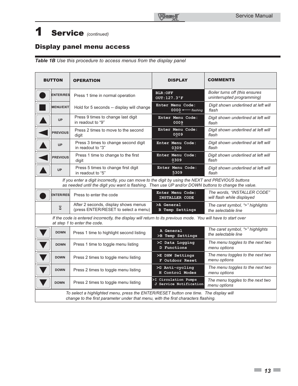 Service, Display panel menu access, Service manual | Lochinvar KNIGHT 399 User Manual | Page 13 / 44